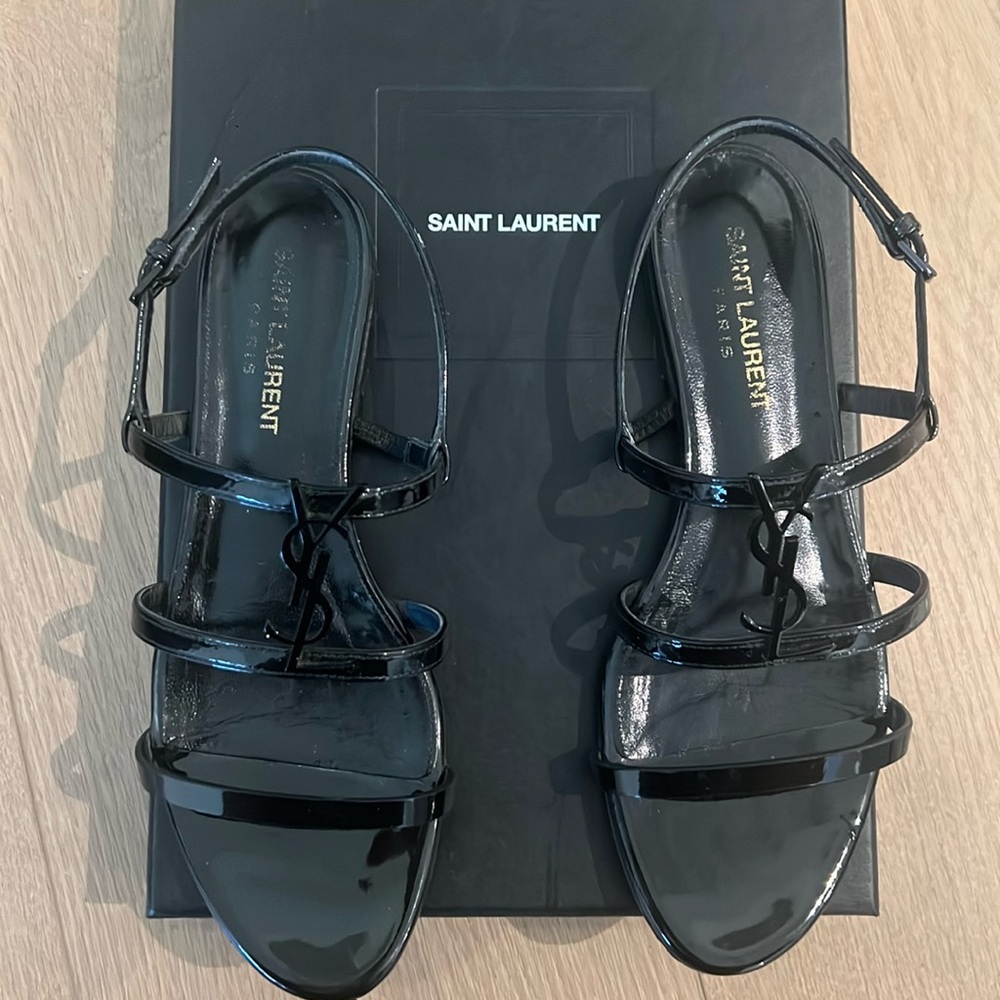 Saint Laurent Cassandra Sandals All Black Patent Leather